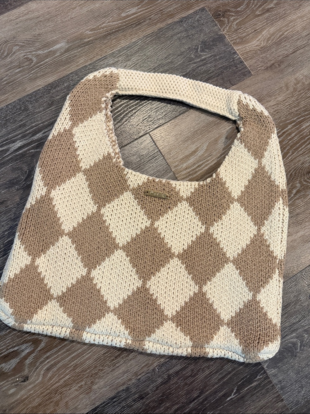 Kopari Beige & Cream Argyle Knit Tote